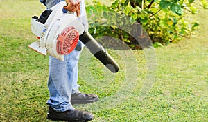 Man using a leaf blower on the lawn of the garden