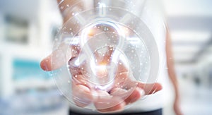 Man using lightbulb neon digital interface 3D rendering