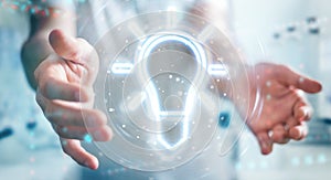 Man using lightbulb neon digital interface 3D rendering