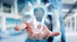 Man using lightbulb neon digital interface 3D rendering