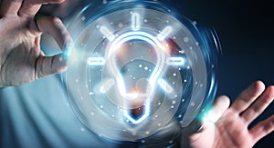 Man using lightbulb neon digital interface 3D rendering