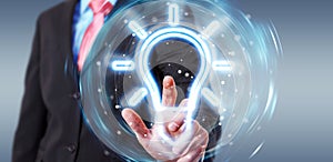 Man using lightbulb neon digital interface 3D rendering