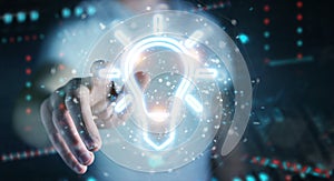 Man using lightbulb neon digital interface 3D rendering