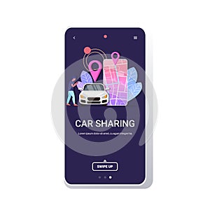 Man using mobile app online ordering taxi car sharing transportation concept smartphone screen with route and points on