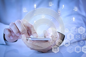 Man using mobile application on smartphone