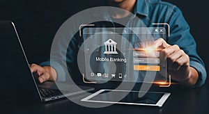 Man using mobile banking app on transparent screen for online security