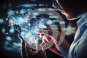 Man using mobile smart phone with global network connection, Technology, innovative and communication concept. Ai Generative