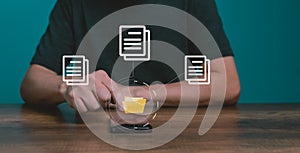 Man using mobile smartphone. Document management system DMS, online documentation database and process.