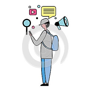 man using mobile and social media icons