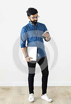 Man using mobilephone on white background