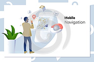 Man using navigation app on the mobile phone.business, technology, navigation, location and people concept.