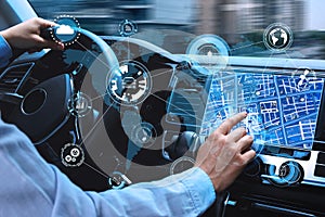 Man using navigation system while driving car