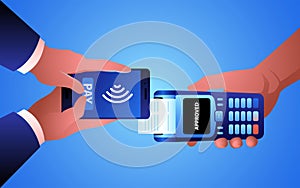 Man using NFC technology from his mobile phone to make a payment