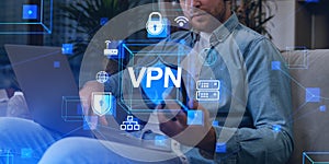 Man using phone and laptop, VPN hologram and cybersecurity, priv