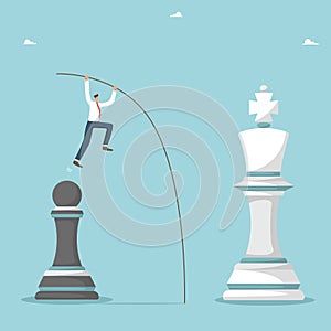 Man using pole jumps from pawn to king chess piece