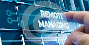 Remote Managing - Man Pushing Button on Futuristic Interface. photo