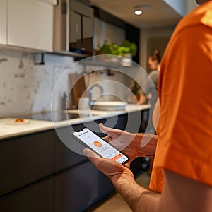 Man using a smart home water leak detection app in the kitchen