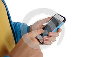 Man using smart phone isolated on white background.