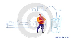 Man using smart speaker personal virtual assistant voice command recognition concept artificial intelligence technology