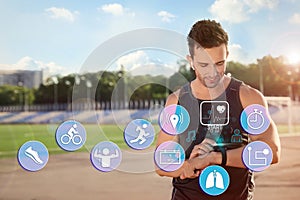 Man using smart watch during training. Icons near hand with device