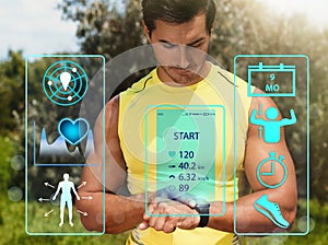 Man using smart watch during training. Illustrations near hand with device