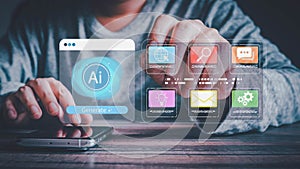 Man using smartphone with AI chatbot technology.