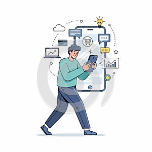 Man using smartphone with digital icons and data