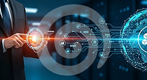 Man using smartphone with global network and data analytics