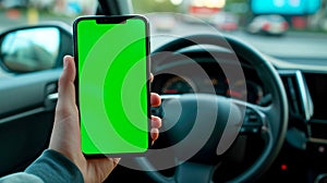 Man using smartphone with green mockup on screen on background of car steering wheel.