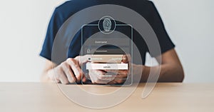 Man using smartphone for online banking or shopping and payment via credit card. Mobile phone fingerprint scan and login for
