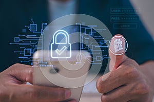Man using smartphone scan Fingerprint biometric identity approval access to system online network