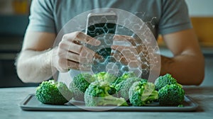 Man Using Smartphone for Smart Food Analysis in Modern Kitchen