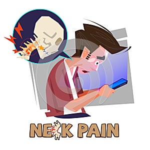 Man using smartphone tablet and get neck pain. typographic - vector