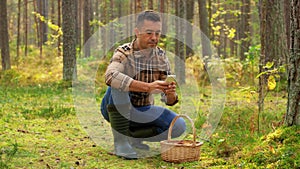 Man using smartphone to identify mushroom