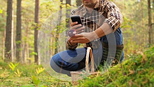 Man using smartphone to identify mushroom