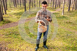 man using smartphone to identify mushroom