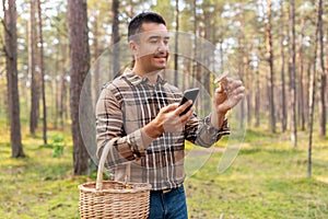 man using smartphone to identify mushroom