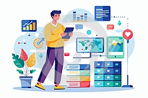 A man using a smartphone to process data with visual analytics, A man uses his smartphone to maintain big data applications,