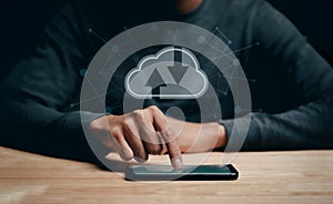 Man using smartphone with virtual cloud computing with connection line.Cloud computing system for sharing download and upload big