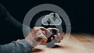 Man using smartphone with virtual cloud computing with connection line.Cloud computing system for sharing download and upload big