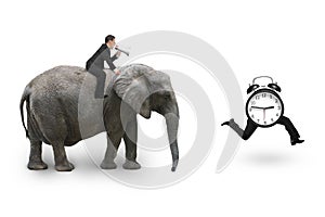 Man using speaker riding elephant after alarm clock