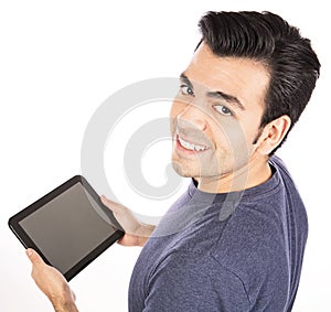 Man using tablet computer or iPad