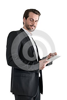 Man using tablet computer, isolated