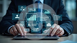 Man is using a tablet with a lot of graphs and numbers on it