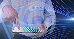 man using tablet with neongeometric lines