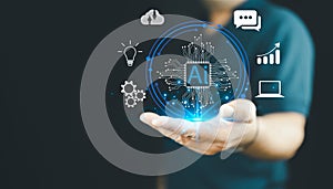 Man using technology generative AI for working tools. Chat with AI, using technology smart robot AI