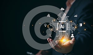 man using technology smart robot AI, artificial intelligence by enter command prompt