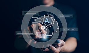 Man using technology smart robot AI, Ai technology, Artificial Intelligence. artificial intelligence by enter command prompt for