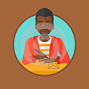 Man using three D pen vector illustration.