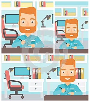 Man using three D pen vector illustration.